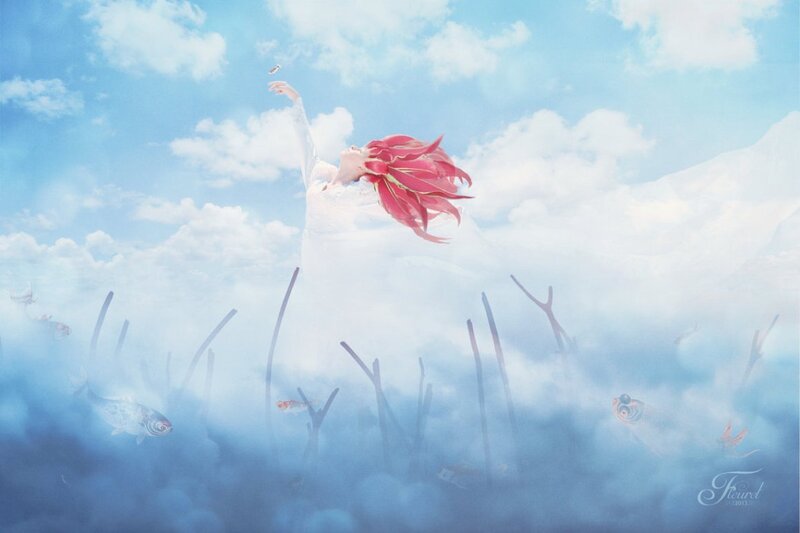 Woman with Red Hair — Blue, Dreamy, Digital Art, Fish