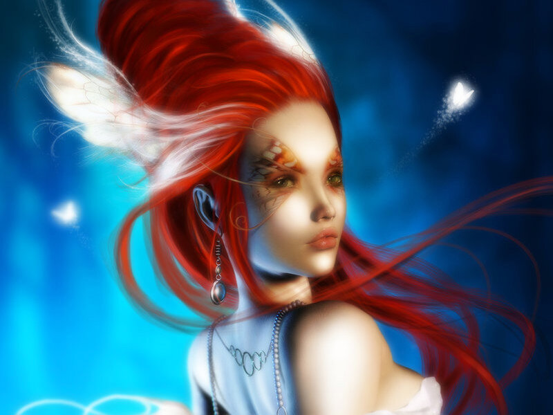 Woman with Red Hair — Blue, Dreamy, Digital Art