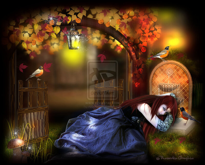 Woman with Red Hair — Blue, Dreamy, Night, Digital Art, Birds