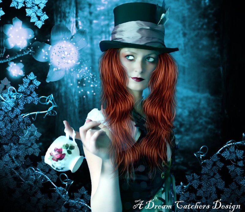 Woman with Red Hair — Blue, Dreamy, Night, Digital Art, Top Hat
