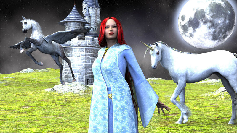 Woman with Red Hair — Blue, Fantasy, Night, 3d Render