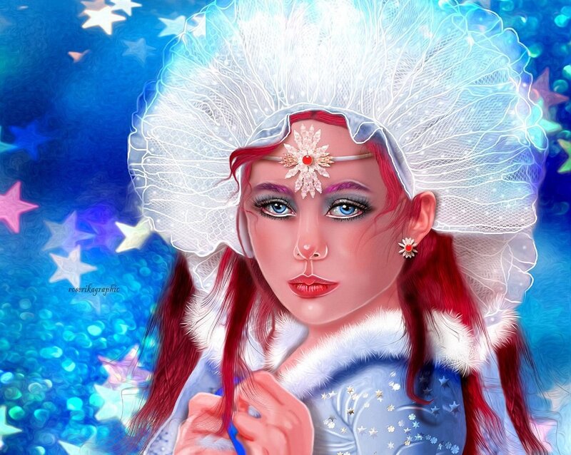 Woman with Red Hair — Blue, Fantasy, Night, Digital Art
