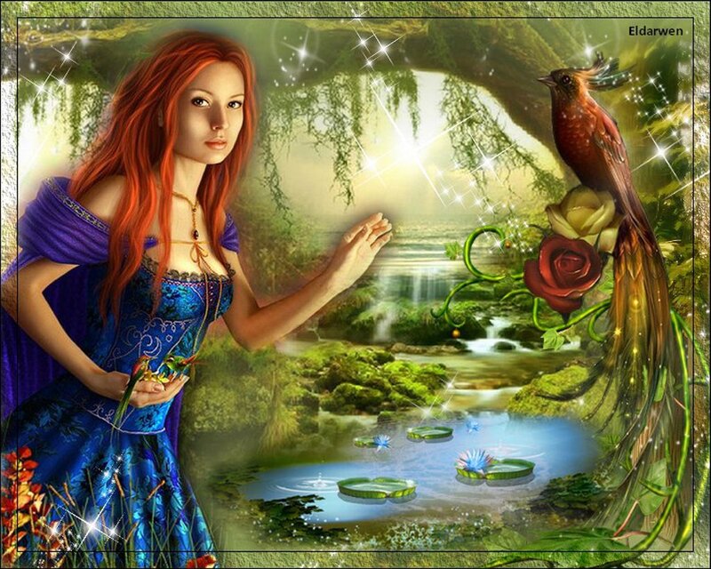 Woman with Red Hair — Blue, Serene, Afternoon, Digital Art