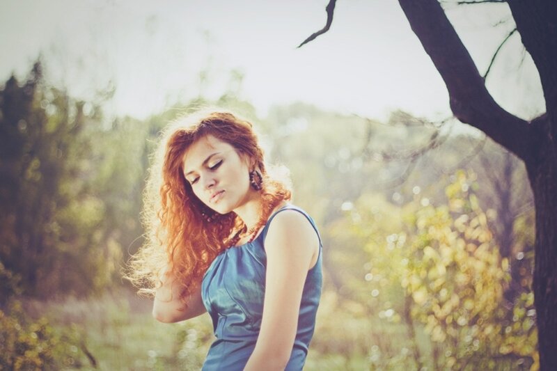 Woman with Red Hair — Blue, Serene, Afternoon, Photograph, Tree