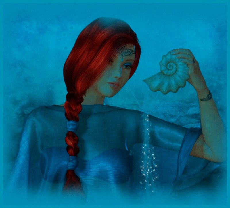 Woman with Red Hair — Blue, Serene, Digital Art, Seashell, Braid, Tattoo