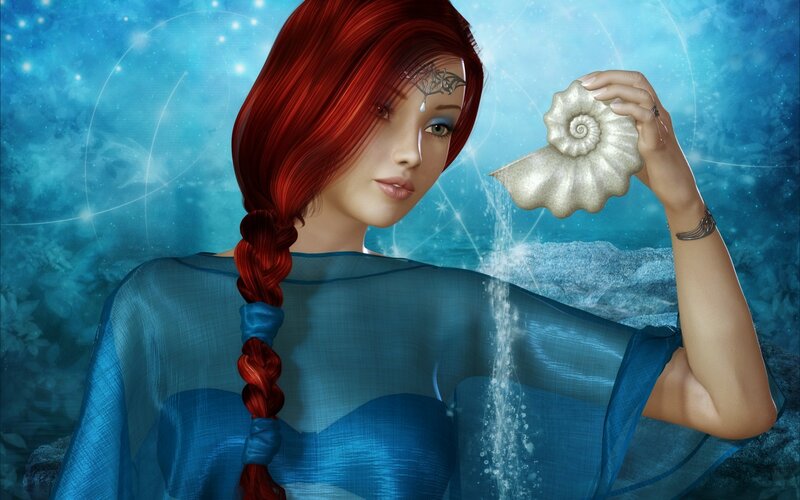 Woman with Red Hair — Blue, Serene, Digital Art, Seashell