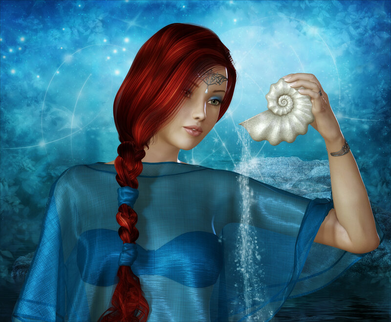 Woman with Red Hair — Blue, Serene, Digital Art, Seashell, Water