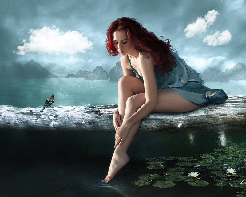 Woman with Red Hair — Blue, Serene, Digital Art