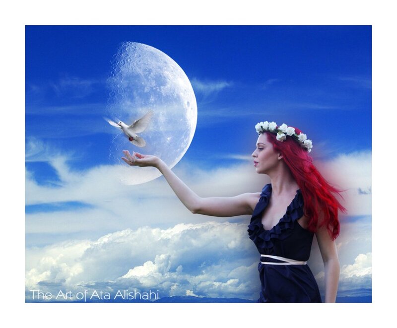 Woman with Red Hair — Blue, Serene, Night, Digital Art, Dove