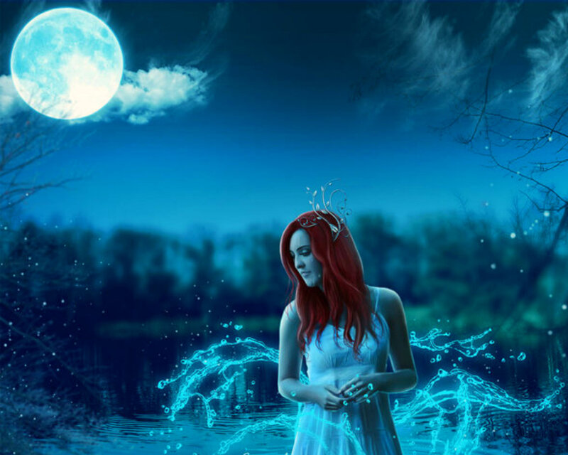 Woman with Red Hair — Blue, Serene, Night, Digital Art, Moon
