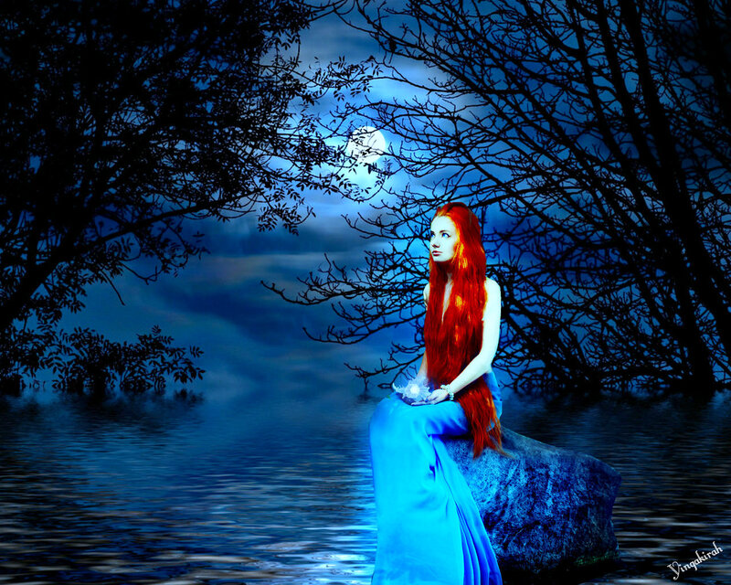 Woman with Red Hair — Blue, Serene, Night, Digital Art, Moon, Trees