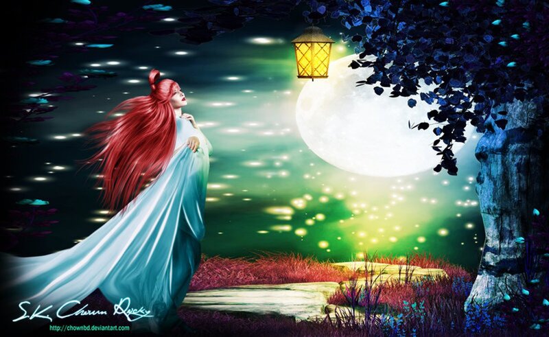 Woman with Red Hair — Blue, Serene, Night, Digital Art