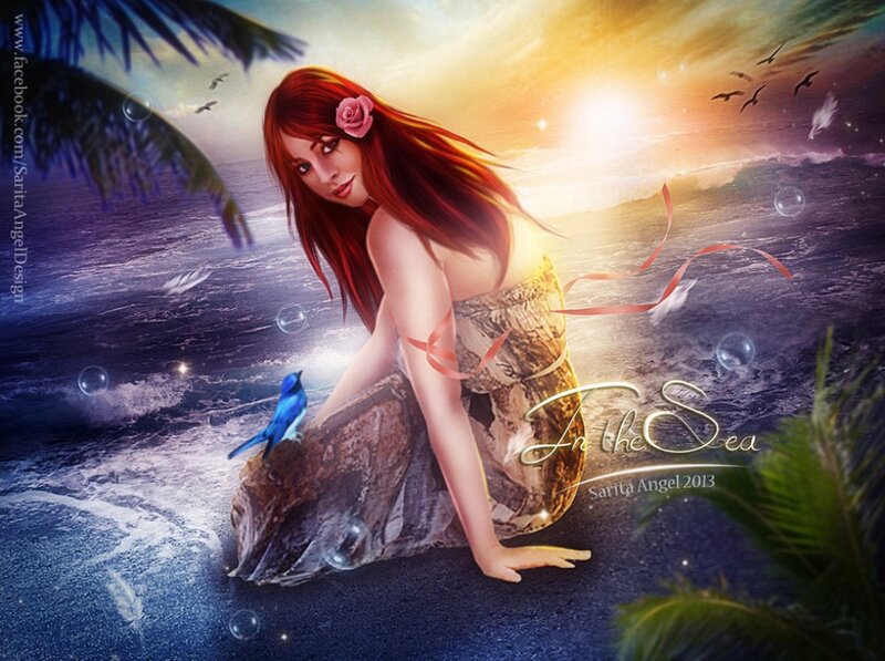 Woman with Red Hair — Blue, Serene, Sunset, Digital Art, Bird