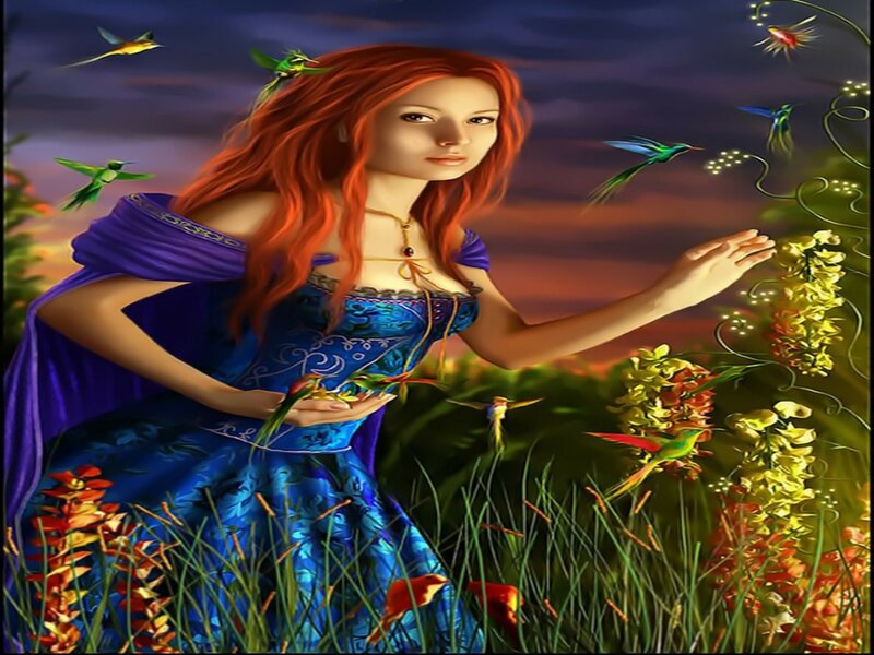 Woman with Red Hair — Blue, Serene, Sunset, Digital Art, Hummingbirds