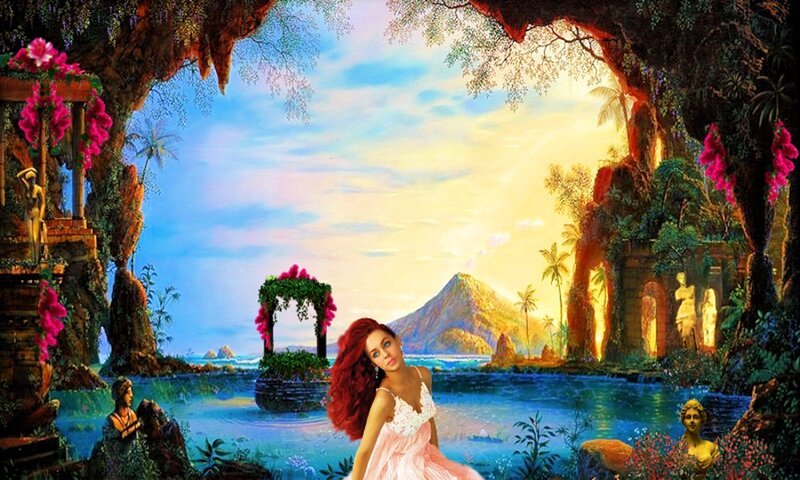 Woman with Red Hair — Blue, Serene, Sunset, Digital Art, Statues