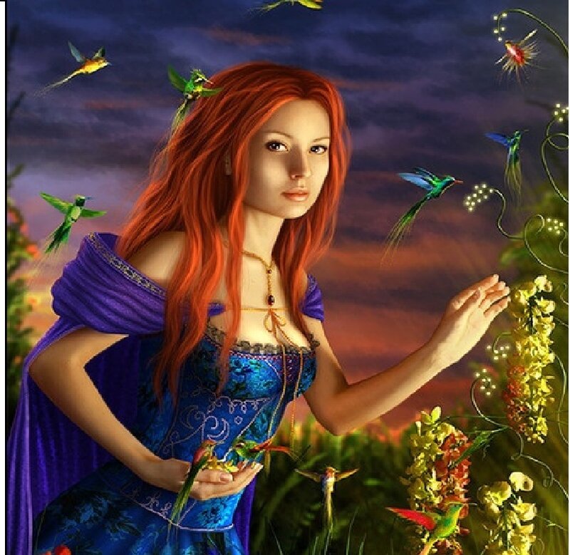 Woman with Red Hair — Blue, Serene, Sunset, Digital Art