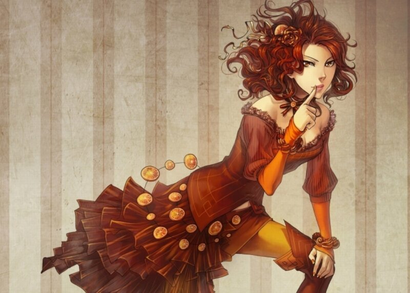 Woman with Red Hair — Brown, Dramatic, Digital Art, Curly Hair
