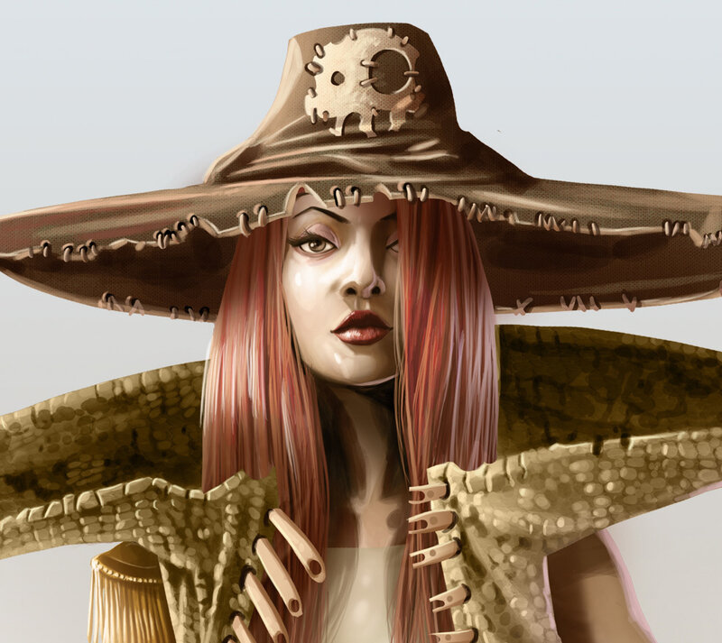 Woman with Red Hair — Brown, Dramatic, Digital Art, Sombrero