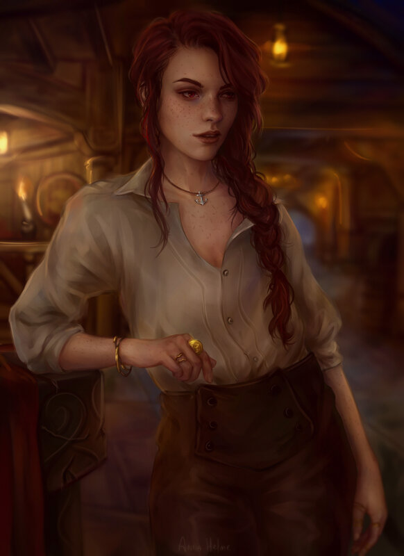 Woman with Red Hair — Brown, Dramatic, Night, Digital Art, Shirt