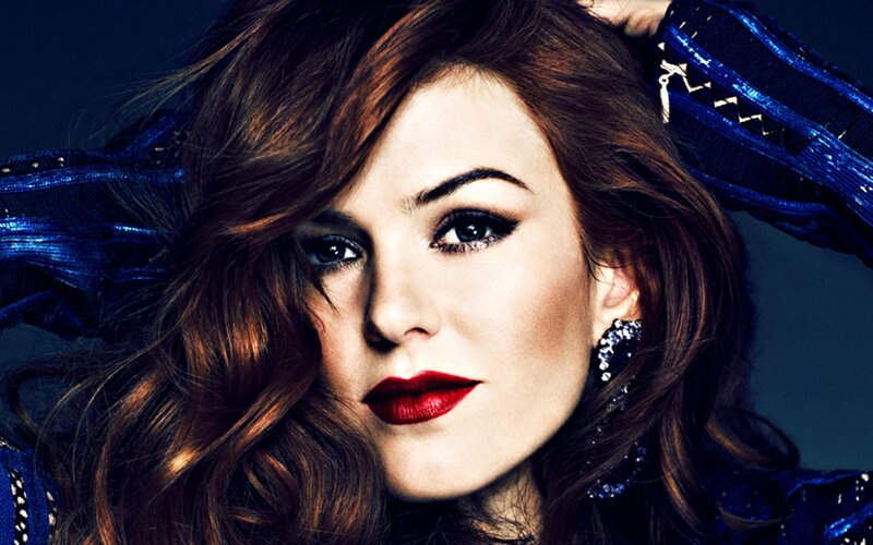 Woman with Red Hair — Brown, Dramatic, Photograph, Red Lipstick, Blue Dress