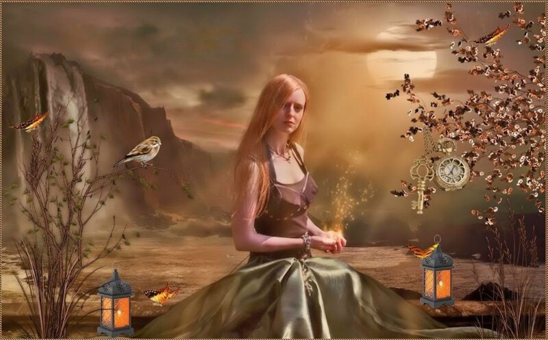 Woman with Red Hair — Brown, Dramatic, Sunset, Digital Art, Birds