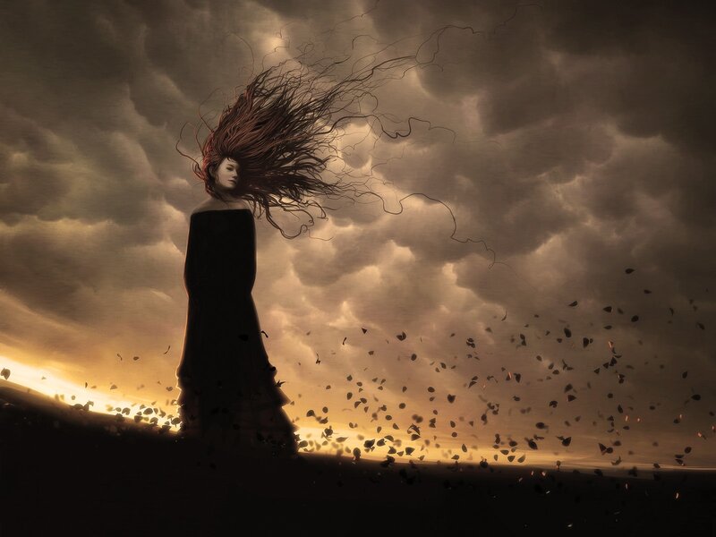 Woman with Red Hair — Brown, Dramatic, Sunset, Digital Art, Stormy Sky