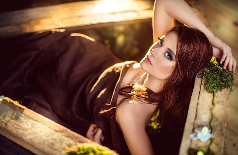 Woman with Red Hair — Brown, Dramatic, Sunset, Photograph, Wooden Box