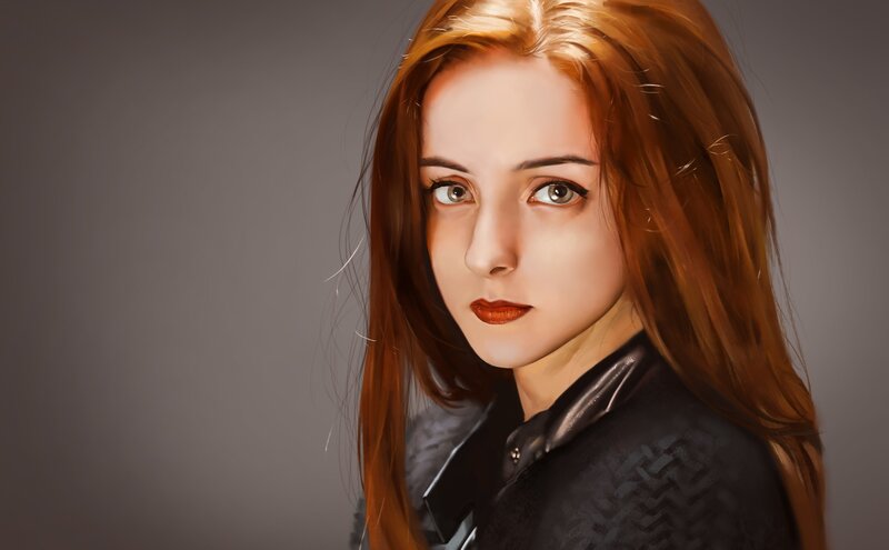 Woman with Red Hair — Brown, Neutral, Digital Art, Black Jacket