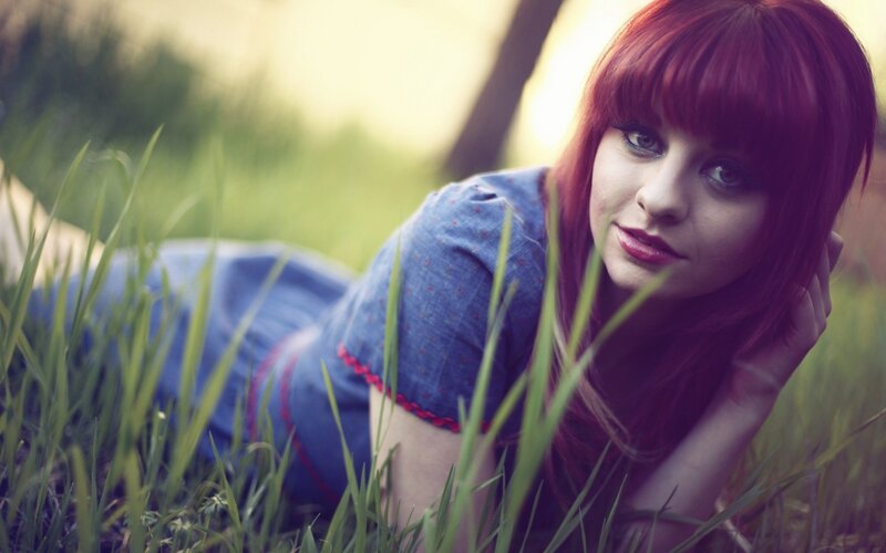 Woman with Red Hair — Calm, Afternoon, Photograph, Grass, Dress, Green