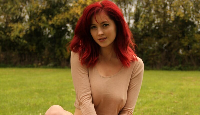 Woman with Red Hair — Calm, Autumn, Photograph, Grass, Trees, Green