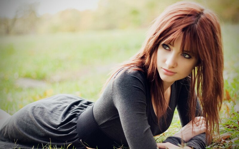 Woman with Red Hair — Calm, Autumn, Photograph, Grass, Trees