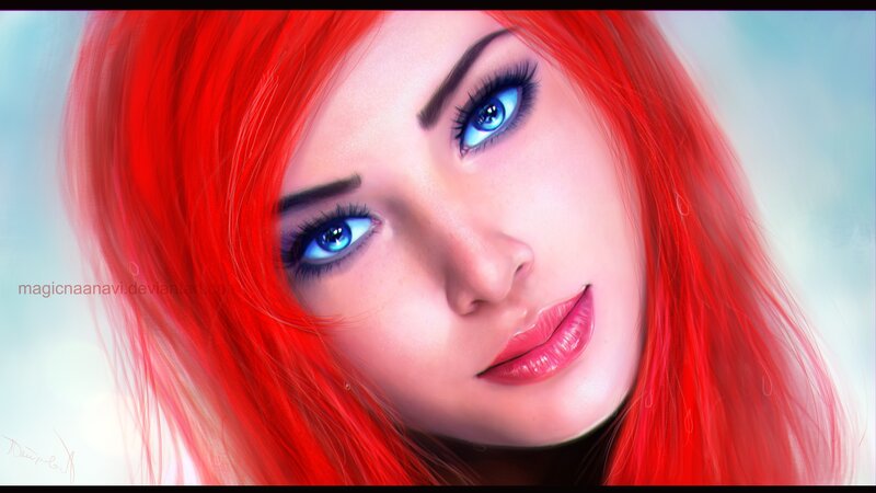Woman with Red Hair — Calm, Digital Art, Blue Eyes, Makeup