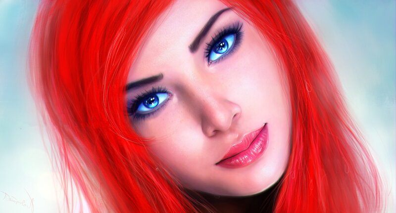 Woman with Red Hair — Calm, Digital Art, Blue Eyes, Red Lips, Blue