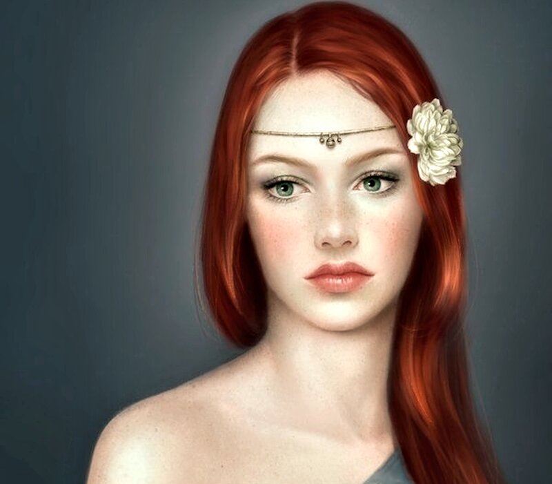 Woman with Red Hair — Calm, Digital Art, Flower