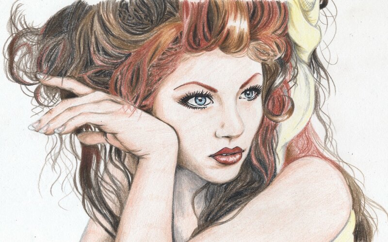 Woman with Red Hair — Calm, Illustration, Hand, Blue Eyes