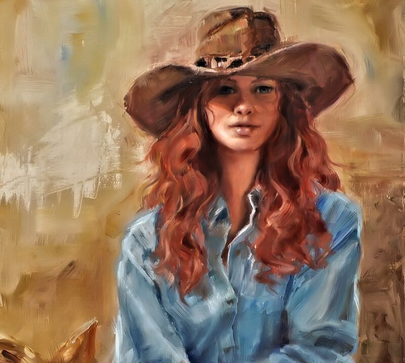 Woman with Red Hair — Calm, Painting, Cowboy Hat