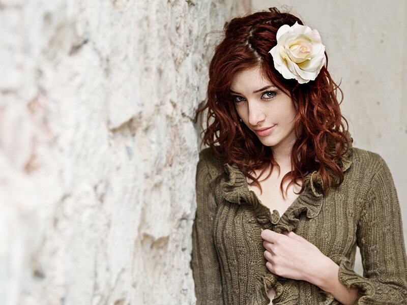 Woman with Red Hair — Calm, Photograph, Flower, Knit Sweater, Wall