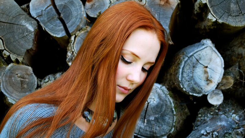 Woman with Red Hair — Calm, Photograph, Wood Logs