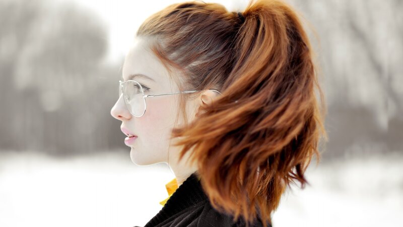 Woman with Red Hair — Calm, Winter, Photograph, Glasses, Ponytail, Snow, White