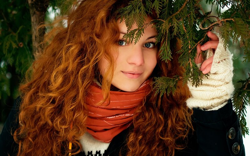 Woman with Red Hair — Calm, Winter, Photograph, Scarf, Gloves, Tree