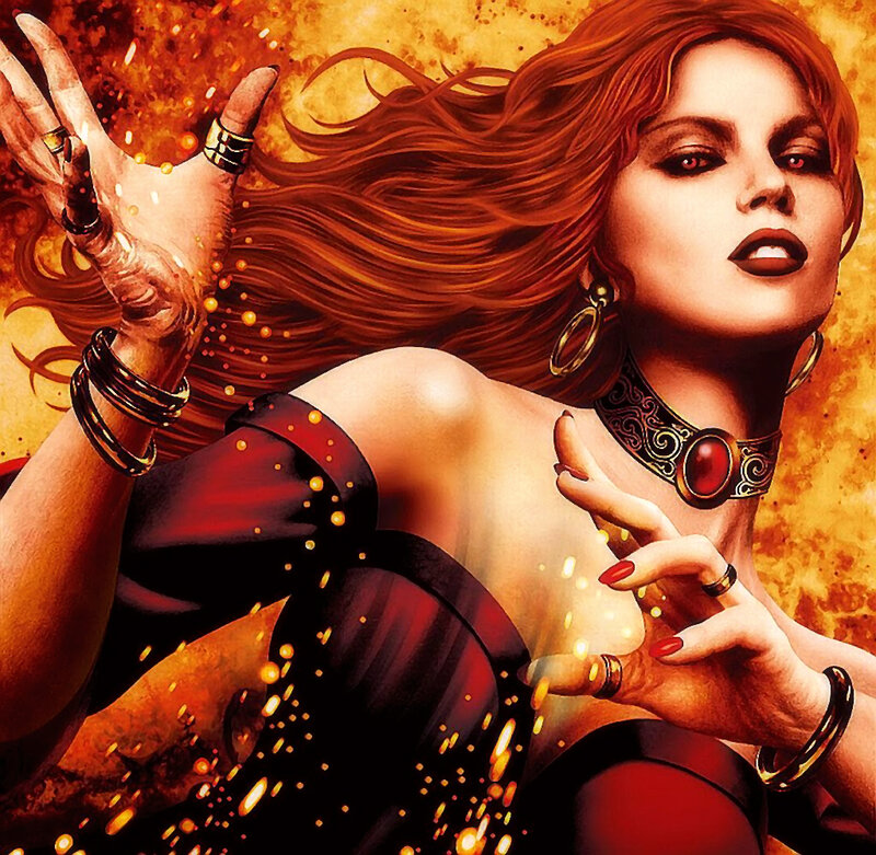 Woman with Red Hair Casting Spell — Dramatic, Digital Art, Fire