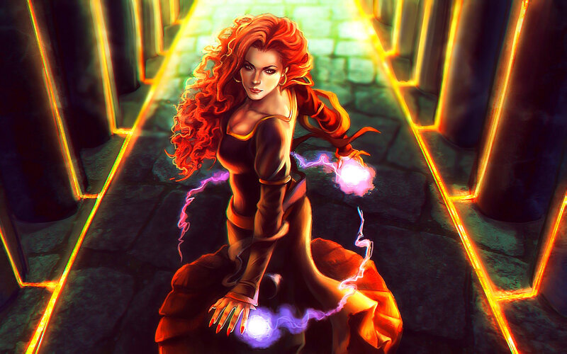 Woman with Red Hair Casting Spell — Dramatic, Digital Art