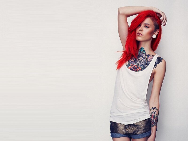Woman with Red Hair — Confident, Photograph, Tattoos, White Tank Top, Shorts