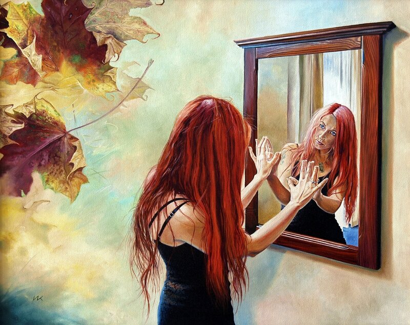 Woman with Red Hair — Contemplative, Autumn, Painting, Mirror