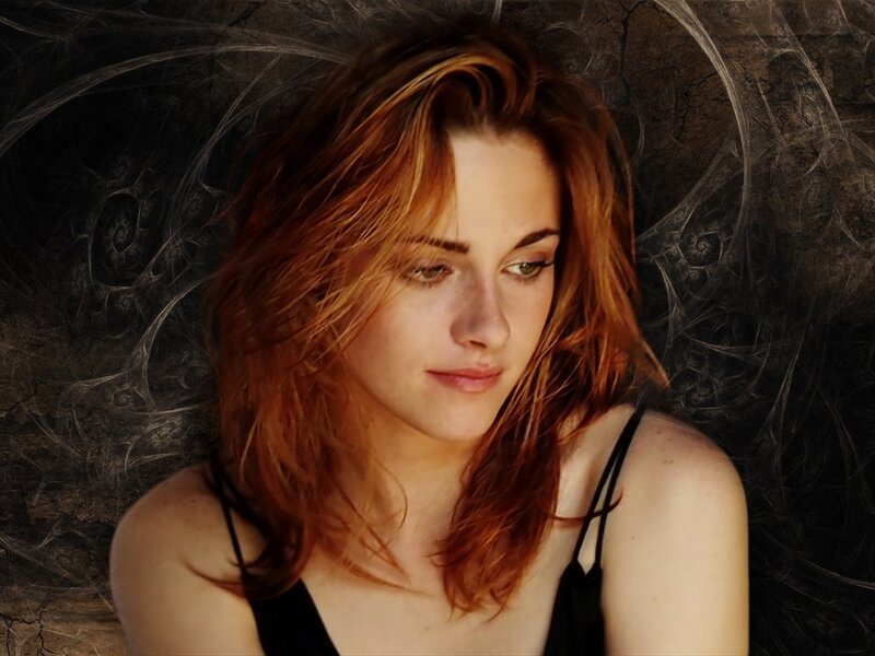Woman with Red Hair — Contemplative, Photograph, Black Top, Fractal Background