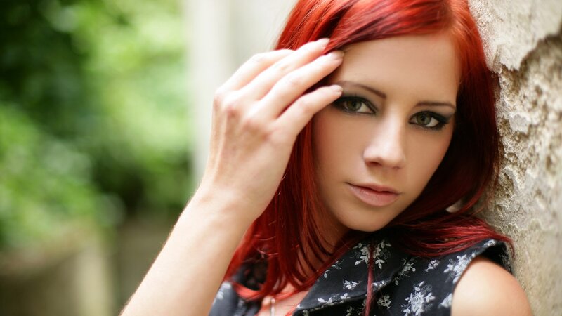 Woman with Red Hair — Contemplative, Photograph, Wall, Hand, Greenery