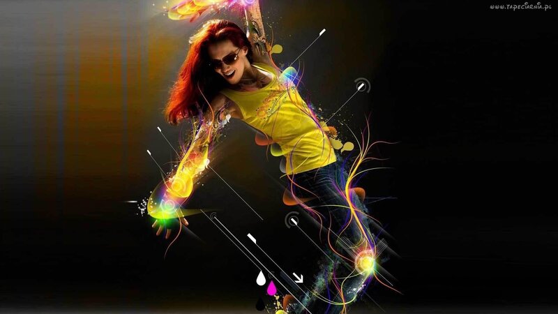 Woman with Red Hair Dancing — Black, Energetic, Digital Art