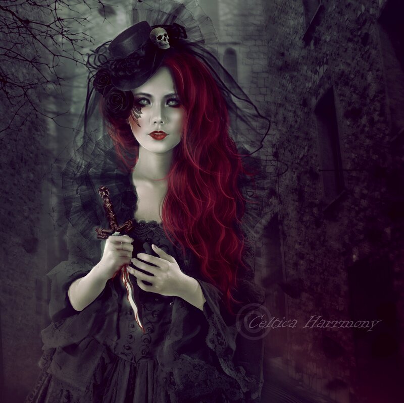 Woman with Red Hair — Dark, Night, Digital Art, Skull Hat