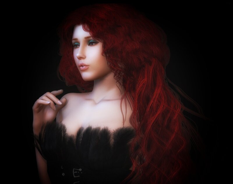 Woman with Red Hair — Dramatic, 3d Render, Feathered Dress