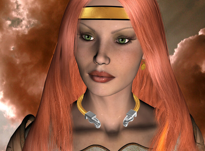 Woman with Red Hair — Dramatic, 3d Render, Gold Headband